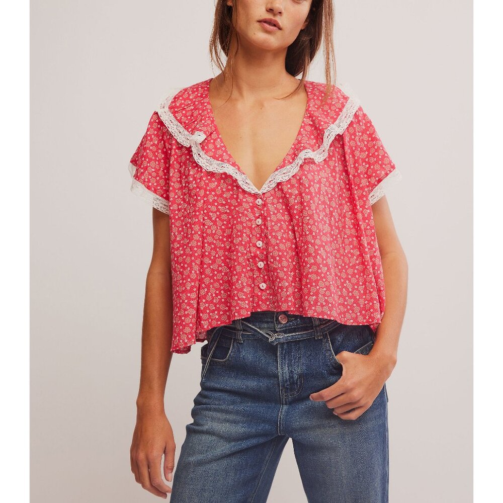 Free People Red Floral Blouse